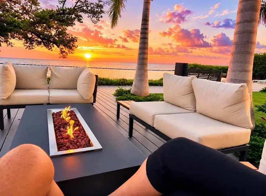 Oceanside fire pit at sunset at Aqua Paradise, Islamorada, Florida Keys