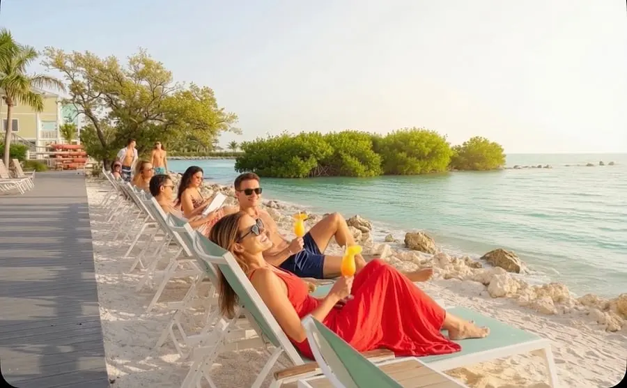 Waterfront sunning beach at Aqua Paradise, Islamorada, Florida Keys