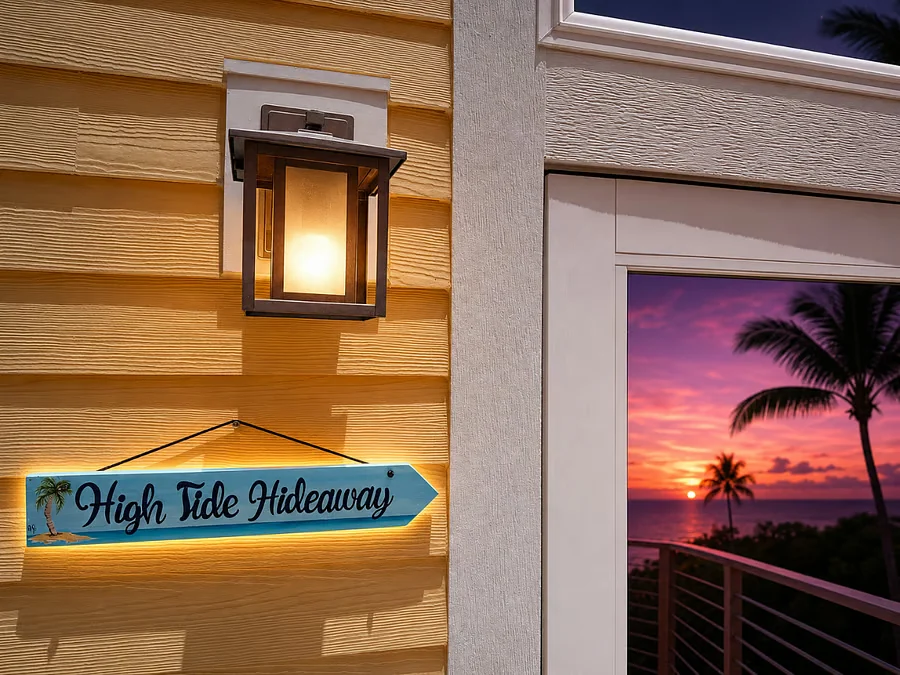 High Tide Hideaway exterior at sunset at High Tide Hideaway, Islamorada, Florida Keys