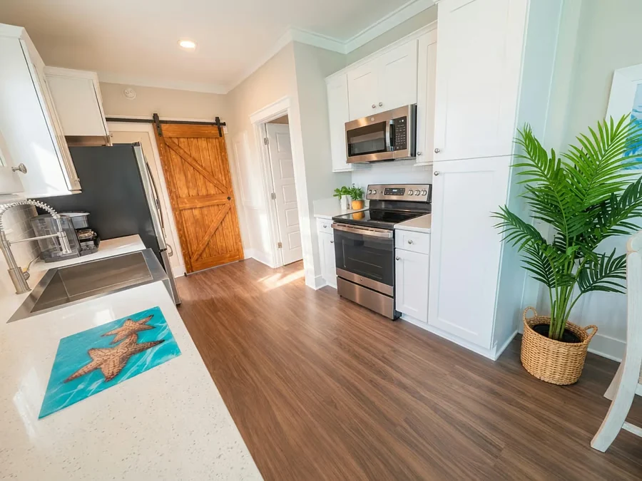 Kitchen and barn door at The Castaway II, Islamorada, Florida Keys