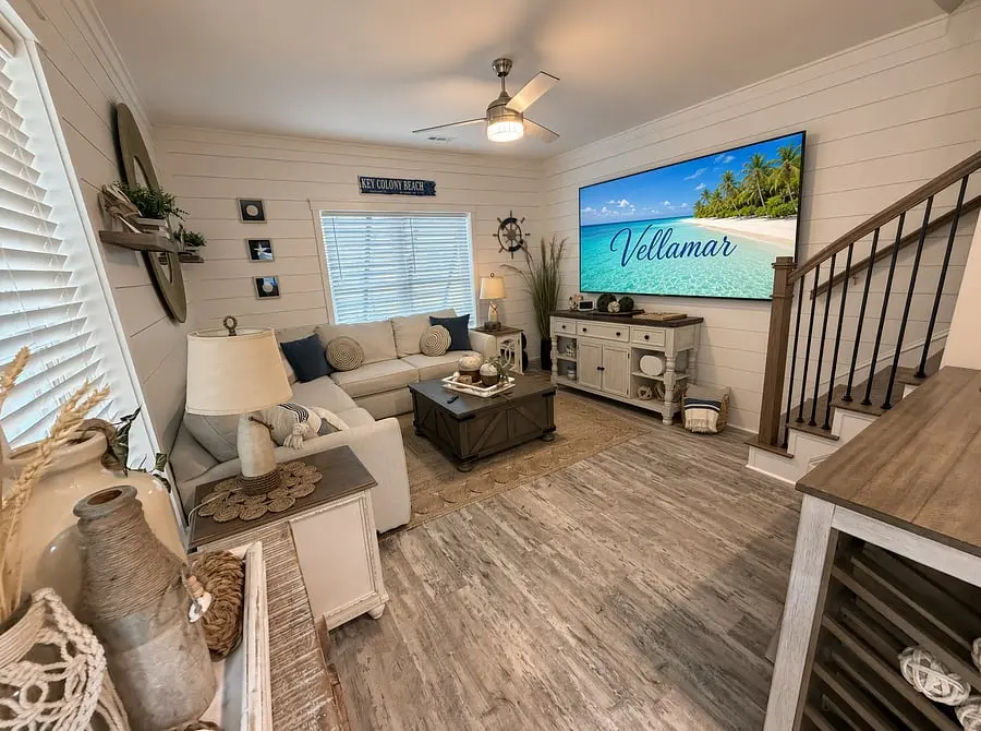 Living room and staircase at VellaMar, Islamorada, Florida Keys