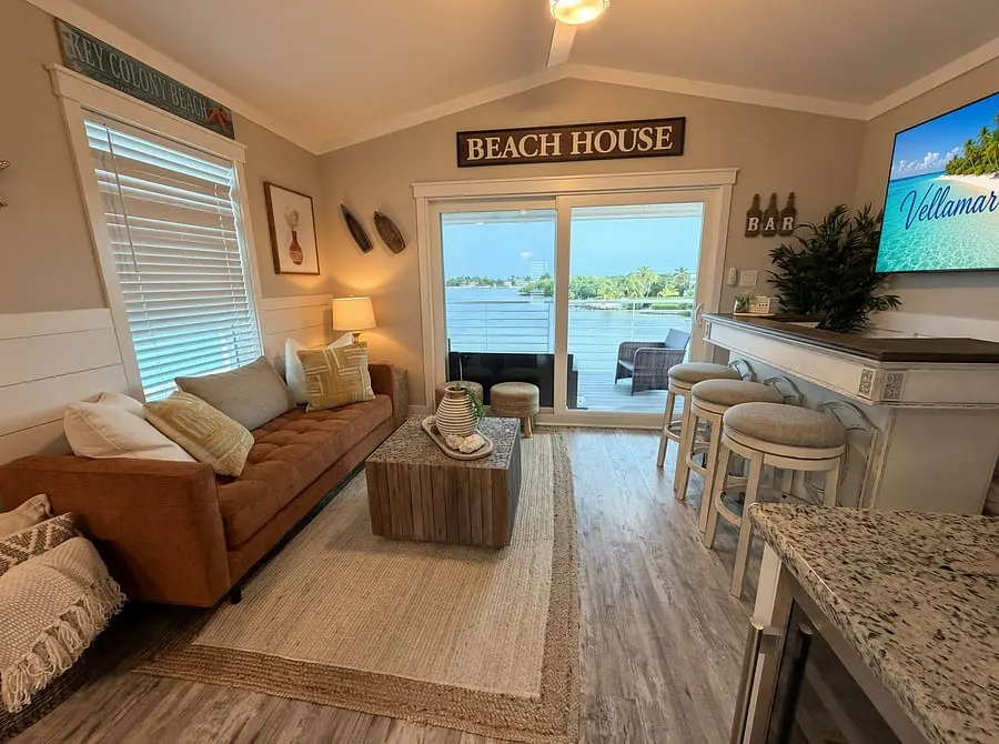 Open living room and kitchen at VellaMar, Islamorada, Florida Keys