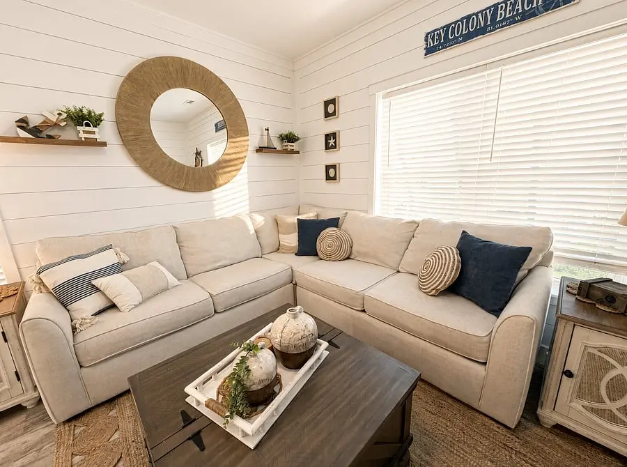 Shiplap living room with sectional sofa at VellaMar, Islamorada, Florida Keys